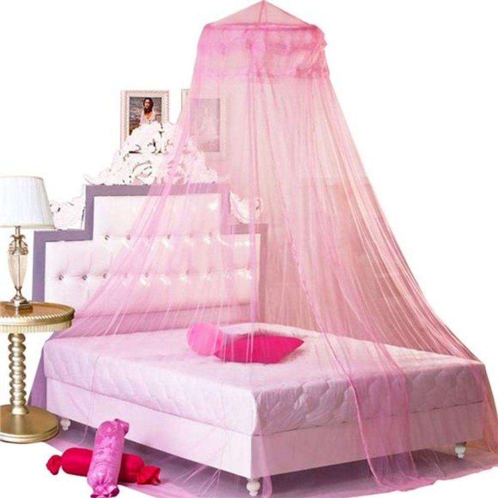Pink Princess Bed Canopy Netting Mosquito Net Round Lace Dome for Twin Full